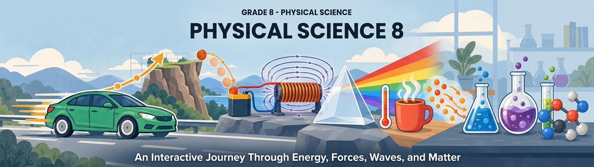 Physical Science 8 banner: a car on a highway, a ball rolling off a cliff, an electromagnet, a prism making a rainbow, a hot cup of cocoa, and chemistry flasks