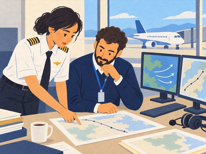 Illustration of an airline pilot pointing to a route on a printed flight plan while a flight dispatcher at the desk studies it, with a wind map and a route map on two monitors and a plane parked outside the window.