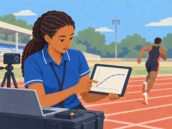 Illustration of a sports performance analyst beside a running track pointing to a graph on a tablet, with a camera on a tripod and a sprinter running past.