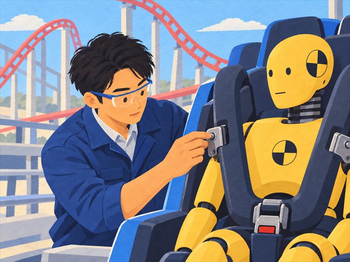 Illustration of a ride safety engineer checking the shoulder restraint on a crash-test dummy strapped into a ride seat, with a roller coaster track behind.
