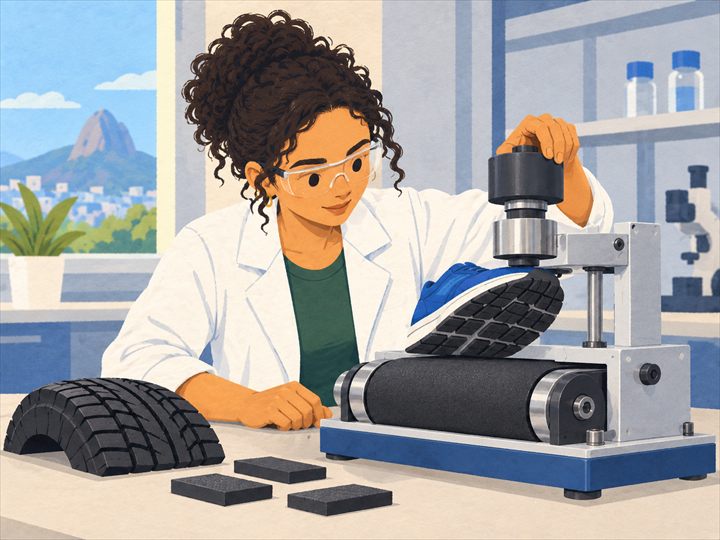 Illustration of a tribologist pressing a running shoe sole against the rolling drum of a wear-testing machine, with a tire and rubber samples on the bench.