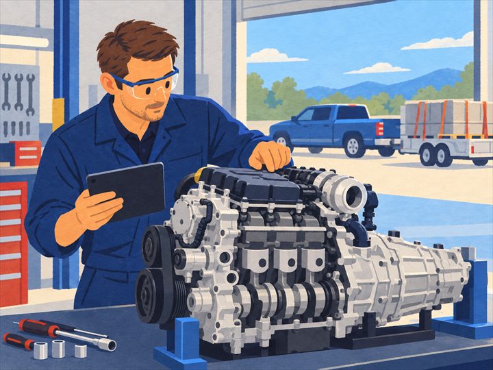Illustration of an automotive powertrain engineer with a tablet checking an engine and transmission on a stand, with a pickup truck hitched to a loaded trailer outside.
