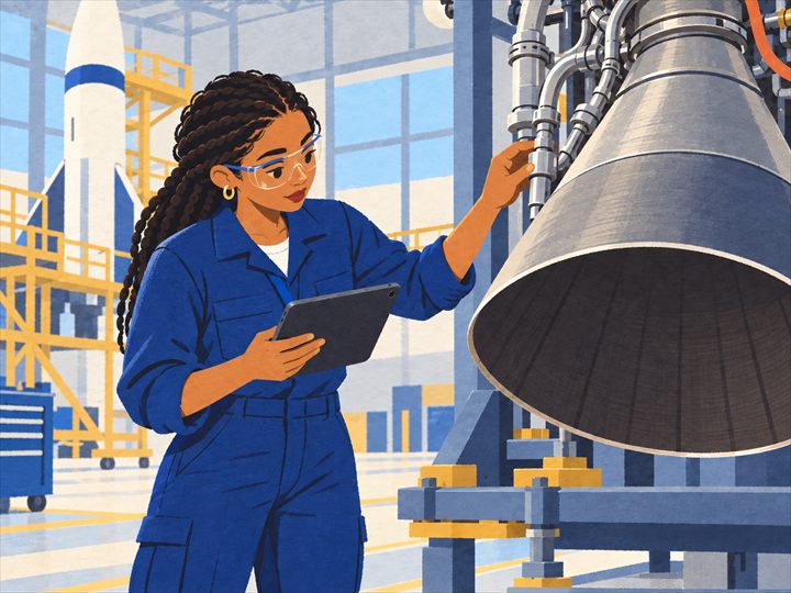 Illustration of an aerospace propulsion engineer with a tablet checking the pipes above a large rocket engine nozzle on a test stand, with a rocket in the hangar behind.