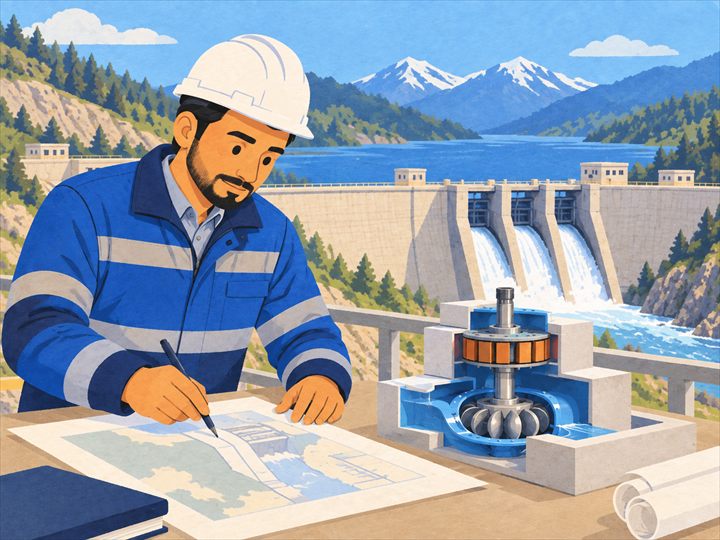 Illustration of a hydroelectric power engineer in a hard hat marking up plans beside a cutaway model of a turbine and generator, with a dam releasing water from its reservoir behind.