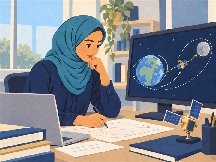 Illustration of an orbital mechanics engineer at a desk sketching orbits while studying a spacecraft's path from Earth to the Moon on a monitor, with a satellite model nearby.