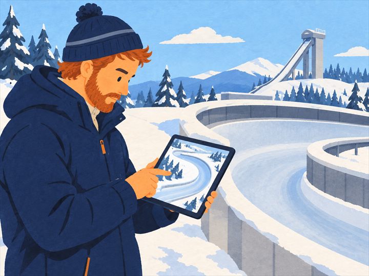 Illustration of a winter sports course designer in a knit hat checking a bobsled track layout on a tablet beside the curving track, with a ski jump and snowy mountains behind.
