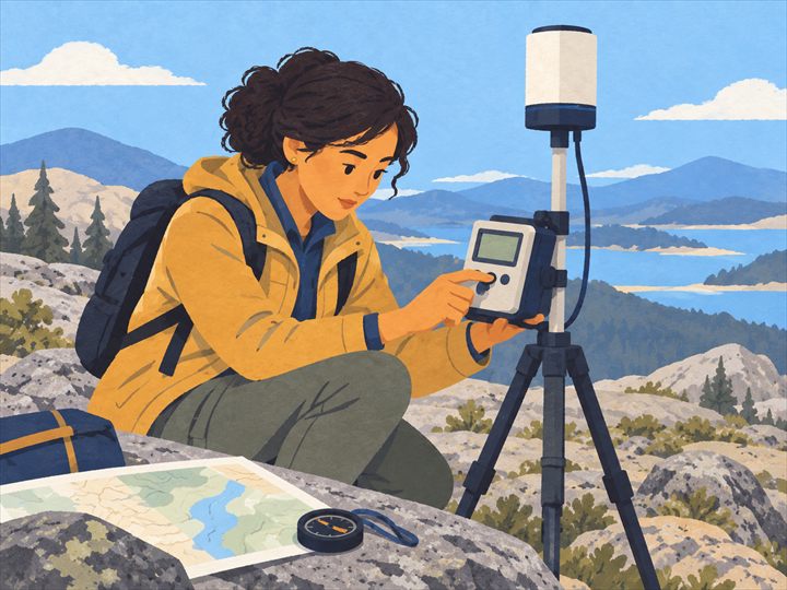 Illustration of a geophysicist taking readings with a field instrument on a tripod on a rocky mountainside, with a map and a compass on the rock nearby.