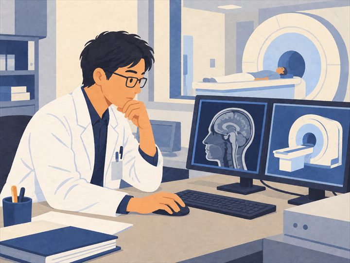 Illustration of a biomedical engineer at a desk studying a brain scan and a model of an MRI scanner on two monitors, with a patient in an MRI machine in the room behind.