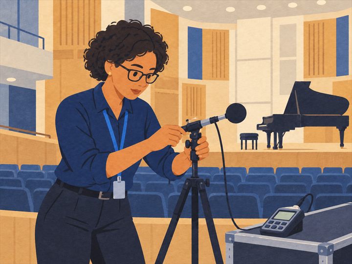 Illustration of an acoustical engineer adjusting a measurement microphone on a tripod in an empty concert hall, with a sound level meter on an equipment case and a grand piano on the stage.