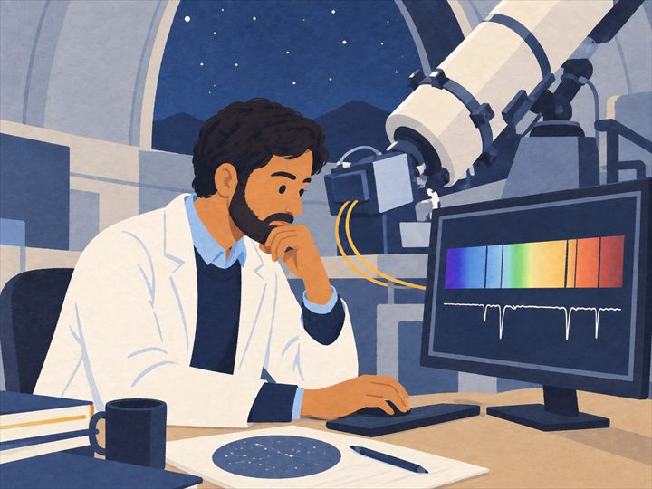 Illustration of an astronomer in an observatory studying a star's spectrum and its dark lines on a monitor, with the telescope and its spectrograph behind and a star chart on the desk.