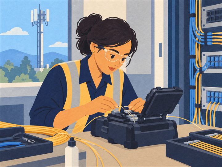 Illustration of a telecommunications engineer in a safety vest joining optical fibers in a fusion splicer, with coils of fiber-optic cable on the bench, network racks alongside, and a cell tower outside the window.