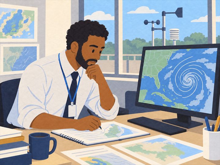 Illustration of a meteorologist taking notes while studying a hurricane off the U.S. East Coast on a monitor, with weather maps on the desk and wall and a weather station outside the window.