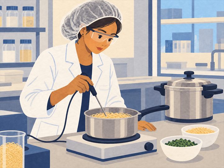 Illustration of a food scientist in a hairnet taking the temperature of a pot of noodles on a hot plate with a probe thermometer, with a pressure cooker and bowls of ingredients nearby.