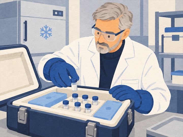 Illustration of a cryogenic engineer in gloves packing sample vials into an insulated case lined with cold packs, with a freezer behind.