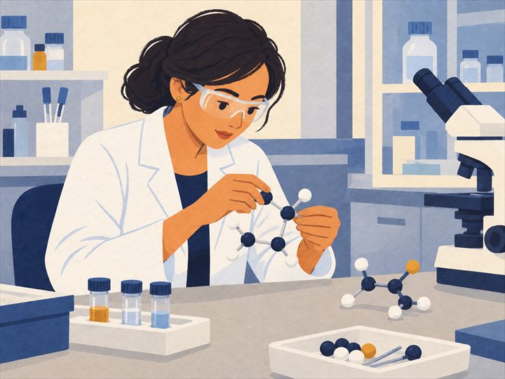 Illustration of a pharmaceutical chemist building a ball-and-stick molecule model, with another model, sample vials, and a microscope on the lab bench.