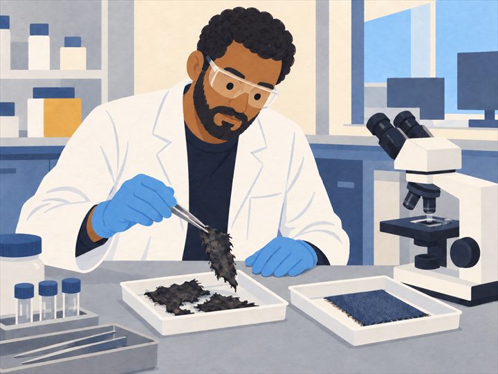 Illustration of a forensic scientist holding up a charred scrap with tweezers over a tray of burnt pieces, beside a tray with an unburnt fabric swatch and a microscope.