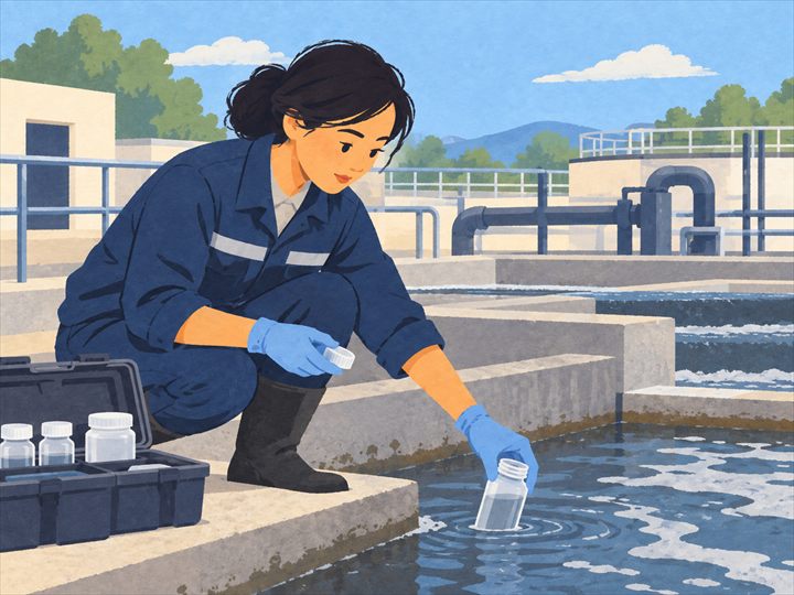 Illustration of an environmental engineer in gloves collecting a water sample at a water treatment plant, with a case of sample bottles nearby.