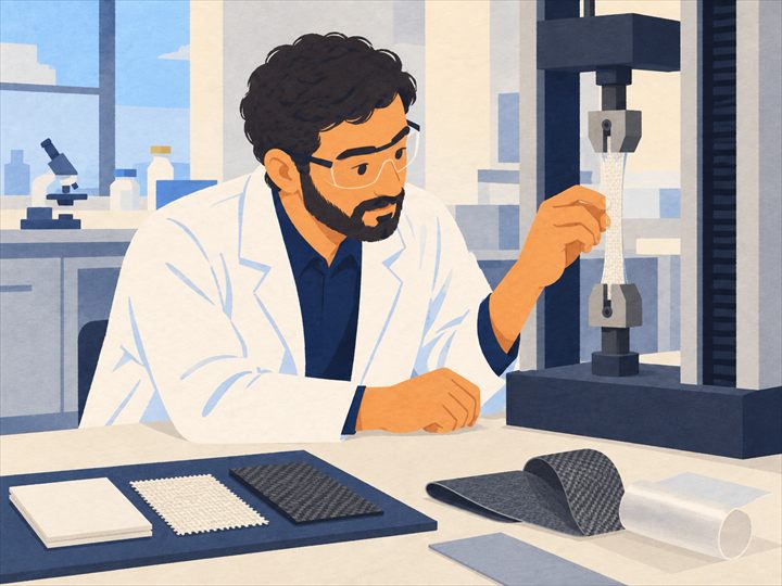 Illustration of a materials engineer checking a strip of woven material clamped in a tensile testing machine, with fabric and carbon fiber samples on the bench.